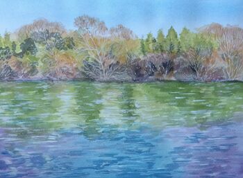 blue_sky day forest nature no_humans original outdoors painting_(medium) river riverbank scenery sky traditional_media tree water watercolor_(medium) yujicolor