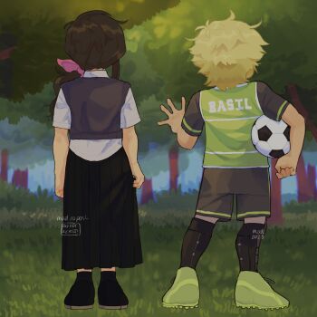1boy 1girl 2023 alternate_costume alternate_hairstyle alternate_universe antenna_hair artist_name aubrey_(faraway)_(omori) aubrey_(omori) ball basil_(faraway)_(omori) basil_(omori) black_hair black_shoes black_shorts black_skirt black_sweater_vest blonde_hair character_name cleats collared_shirt commentary english_commentary from_behind grass green_shoes hair_ribbon highres holding holding_ball holding_own_skirt invisible_floor long_hair long_skirt low_ponytail madnopost omariposa omori pink_ribbon pleated_skirt ponytail ribbon shin_guards shirt shoes short_hair short_sleeves shorts sidelocks skirt soccer_ball standing sweater_vest tree white_shirt