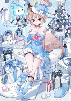 1girl absurdres animal_ears arm_support asymmetrical_gloves bandaid bandaid_on_face bandaid_on_nose bare_shoulders bell blue_boots blue_dress blue_fire blue_gloves blue_hat boots bow box breasts brown_eyes brown_hair christmas christmas_tree closed_mouth collar commentary commission decorations double-parted_bangs dress english_commentary fang fire fishnet_socks fishnets fox_ears fox_girl fox_tail full_body fur-trimmed_dress fur-trimmed_gloves fur-trimmed_headwear fur_trim gift gift_box gloves hair_between_eyes hat highres holding holding_box holding_gift indie_virtual_youtuber looking_at_viewer medium_breasts pink_bow pink_collar santa_costume santa_dress santa_hat shirahiko_(vtuber) short_dress short_eyebrows short_hair sitting skin_fang sleeveless sleeveless_dress smile snowman socks solo strapless strapless_dress tail thigh_strap vgen_commission virtual_youtuber xxcaaan
