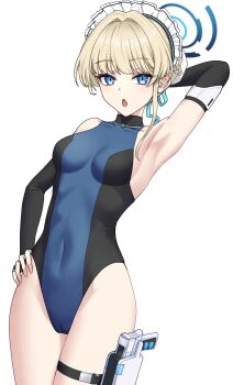 1girl absurdres arm_behind_head armpits blonde_hair blue_archive blue_eyes blue_halo blue_leotard bun_cover cameltoe commentary_request covered_navel crowdscrow9696 earpiece hair_bun halo halter_leotard halterneck hand_on_own_hip heattech_leotard highleg highleg_leotard highres holster holstered leotard looking_at_viewer maid_headdress multicolored_leotard open_mouth sleeveless sleeveless_turtleneck thigh_holster toki_(abi-eshuh)_(blue_archive) toki_(blue_archive) turtleneck two-tone_leotard