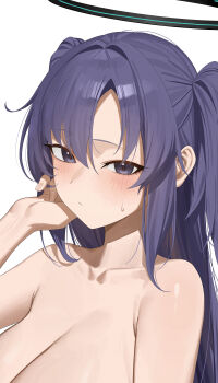 1girl absurdres black_eyes blue_archive blush breasts cleavage closed_mouth collarbone completely_nude fingernails halo hand_up highres large_breasts long_fingernails long_hair looking_at_viewer mm_(mhm2592) nude out-of-frame_censoring purple_hair simple_background solo two_side_up upper_body white_background yuuka_(blue_archive)