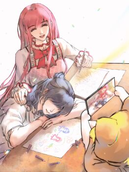 2girls ^_^ absurdres animal argyle_clothes argyle_dress arm_on_table arms_on_table artist_self-insert black_hair bloom_poetry_(shining_nikki) blunt_bangs bow bowtie cat cellphone child's_drawing cloak closed_eyes clothed_animal clothes_writing collared_shirt colored_pencil drawing_(action) drawing_(object) dress ear_covers eyelashes faceless faceless_female frilled_shirt_collar frilled_sleeves frills hair_bun hair_over_eyes hand_on_another's_shoulder happy head_on_table high_collar highres holding holding_pencil holding_phone hood hood_up hooded_cloak leaf light_particles light_rays lipstick long_hair long_sidelocks long_sleeves makeup momo_(nikki) multiple_girls nikki_(nikki) nikki_(series) oc_x_canon open_mouth original outline paper pencil phone pinafore_dress pink_dress pink_hair pink_lips qingxu recording red_bow red_bowtie shining_nikki shirt short_sleeves sidelocks simple_background single_hair_bun sleeveless sleeveless_dress sleeves_past_wrists smartphone smile straight_hair sunlight table teeth upper_body very_long_hair white_background white_cat white_outline white_shirt yellow_cloak yuri