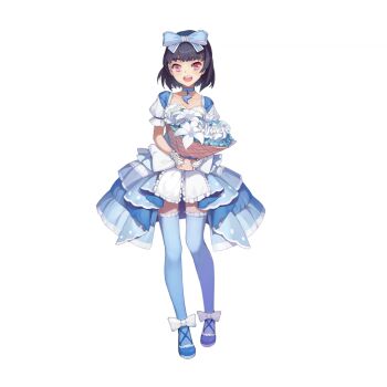 1girl ankle_ribbon benghuai_xueyuan black_hair blue_choker blue_dress blue_flower blue_ribbon blue_shoes blue_thighhighs bouquet choker dress flower full_body gloves hair_ribbon holding holding_bouquet honkai_(series) leg_ribbon lightning_bolt_symbol official_art open_mouth pink_eyes raiden_saeko_(benghuai_xueyuan) ribbon shoes solo teeth thighhighs thunder transparent_background upper_teeth_only white_flower white_gloves white_ribbon