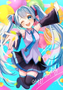 Rule 34 | 1girl, absurdres, aqua eyes, aqua hair, aqua necktie, aqua trim, arm tattoo, balloon, black boots, black skirt, blush, boots, breasts, collared shirt, commentary request, detached sleeves, full body, grey shirt, hair between eyes, hair ornament, happy birthday, hatsune miku, headphones, headset, hi hiiii, highres, long hair, long sleeves, looking at viewer, medium breasts, miniskirt, necktie, one eye closed, pleated skirt, reaching, reaching towards viewer, shirt, skirt, sleeveless, sleeveless shirt, smile, solo, tattoo, teeth, thigh boots, thighhighs, twintails, upper teeth only, very long hair, vocaloid, wide sleeves, zettai ryouiki