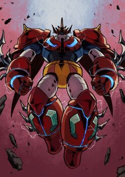 arm_blade armor aura blue_armor clenched_hands debris electricity from_below full_body getter_robo getter_robo_daikessen! hanahiyo_(hoimin) highres horns looking_at_viewer mecha mecha_focus multicolored_armor pauldrons red_armor robot shin_getter_dragon shoulder_spikes single_horn spiked_pauldrons spikes super_robot weapon yellow_armor yellow_eyes