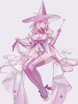 1girl alternate_costume bare_shoulders bow breasts cleavage commentary covered_navel detached_sleeves elbow_gloves elysia_(honkai_impact) english_commentary gloves hat heart high_heels highres holding honkai_(series) honkai_impact_3rd invisible_chair large_breasts leotard long_hair looking_at_viewer parted_lips pink_eyes pink_gloves pink_hair pink_hat pink_leotard pink_thighhighs princess_ailish signature sitting smile solo thighhighs typo very_long_hair white_bow white_footwear white_sleeves witch_hat