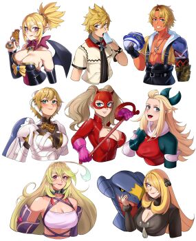 2boys 6+girls absurdres ahoge ball bare_shoulders black_dress black_shirt blitzball blonde_hair blue_eyes bravely_default:_flying_fairy bravely_default_(series) breasts cleavage commentary cynthia_(pokemon) deliciousbrain detached_sleeves disgaea dress edea_lee english_commentary final_fantasy final_fantasy_x fiora_(xenoblade) food garchomp gen_4_pokemon grey_hair gun highres holding holding_ball holding_food holding_gun holding_weapon jacket jewelry kingdom_hearts kingdom_hearts_ii large_breasts long_sleeves makai_senki_disgaea_2 milla_maxwell multiple_boys multiple_girls necklace nintendo persona persona_5 pokemon pokemon_(creature) pokemon_dppt ponytail popsicle purple_eyes roxas rozalin shirt short_hair simple_background strapless strapless_dress takamaki_anne tales_of_(series) tales_of_xillia tidus twintails weapon white_background white_jacket xenoblade_chronicles_(series) xenoblade_chronicles_1