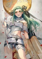 Rule 34 | 1girl, a.b.a, bags under eyes, bandaged chest, bandaged neck, bandages, bare shoulders, blood, bloody bandages, green eyes, green hair, guilty gear, guilty gear strive, headband, highres, key, key in head, kmkzkoyomi, long hair, looking at viewer, object through head, paracelsus (guilty gear), stitched mouth, stitches, white headband