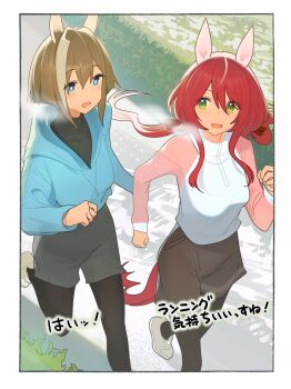 Rule 34 | 2girls, absurdres, animal ears, ashinowoto, black pants, black pantyhose, black shirt, blue eyes, blue hoodie, border, brown hair, cheval grand (umamusume), commentary request, green eyes, hair between eyes, highres, hood, hood down, hoodie, horse ears, horse girl, jogging, long hair, looking at another, low twintails, multicolored hair, multiple girls, open mouth, pants, pantyhose, red hair, shirt, short hair, short hair with long locks, smile, streaked hair, translation request, turtleneck, turtleneck shirt, twintails, umamusume, white border, white streaks, win variation (umamusume)