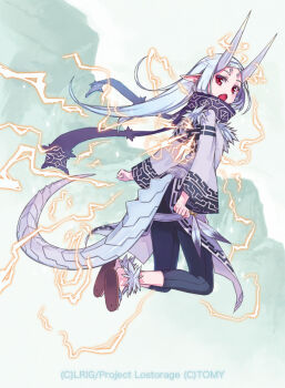 1girl black_pants blue_hair blue_scarf brown_shoes character_request copyright_notice dragon_girl dragon_horns dragon_tail fang grey_hair horns long_hair looking_at_viewer official_art open_mouth pants pointy_ears red_eyes satoma_makoto scarf shoes solo tail twintails wixoss