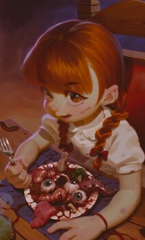 1girl alkemanubis bow braid brown_eyes commentary english_commentary fork guro hair_bow highres holding holding_fork lower_teeth_only open_mouth orange_hair original puffy_short_sleeves puffy_sleeves red_bow shirt short_sleeves sitting stitched_face stitches teeth textless_version twin_braids white_shirt