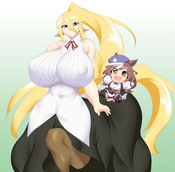 2girls bare_shoulders black_skirt blonde_hair blue_eyes blue_hat breasts brown_hair centaur centorea_shianus chibi covered_erect_nipples gradient_background green_background hair_between_eyes hat huge_breasts impossible_clothes kyelyn long_hair looking_at_viewer matikanetannhauser monster_musume_no_iru_nichijou multiple_girls ponytail shirt skirt sleeveless smile taur umamusume white_shirt yellow_eyes