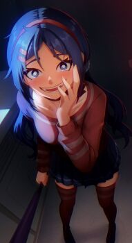 1girl absurdres baseball_bat blue_eyes blue_hair blue_skirt blush bright_pupils collarbone crazy crazy_eyes crazy_mita_(miside) crazy_smile eremas-su eyelashes fangs finger_to_face hair_ornament hair_scrunchie hairband hairclip highres holding holding_baseball_bat legs long_hair long_sleeves looking_at_viewer low_twintails miside mita_(miside) neck_ribbon open_mouth pleated_skirt puffy_sleeves red_hairband red_ribbon red_shirt red_thighhighs ribbon scoop_neck scrunchie shirt sidelocks skindentation skirt smile solo teeth thighhighs twintails white_pupils white_scrunchie wide-eyed zettai_ryouiki