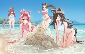 4girls ahoge all_fours alternate_costume animal_ears beach bikini blue_eyes blue_sky breasts brown_fur closed_eyes closed_mouth crying day hair_over_one_eye haru_urara_(umamusume) holding holding_shovel horse_ears horse_girl horse_tail large_breasts long_hair looking_at_another medium_breasts mihono_bourbon_(umamusume) multiple_girls nabe_puyo ocean one-piece_swimsuit open_mouth outdoors pink_bikini pink_eyes pink_fur pink_hair pink_one-piece_swimsuit ponytail purple_eyes rice_shower_(umamusume) sakura_bakushin_o_(umamusume) sand sand_castle sand_sculpture shovel sky smile standing swimsuit tail umamusume very_long_hair white_bikini white_one-piece_swimsuit