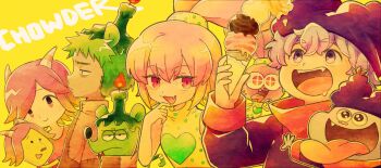 2girls 6+boys candle ceviche_(chowder) chowder_(character) chowder_(series) copyright_name drooling dual_persona fang gorgonzola_(chowder) green_hair hat heart high_ponytail horns humanization ice_cream_cone multiple_boys multiple_girls open_mouth panini_(chowder) pink_eyes pink_hair ponytail purple_eyes purple_hair smile tongue tongue_out tsunoji