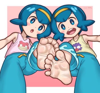 2girls barefoot blue_eyes blue_hair blush_stickers character_print feet foot_focus gen_1_pokemon harper_(pokemon) headband loli multiple_girls nintendo pokemon pokemon_(anime) pokemon_sm_(anime) sarah_(pokemon) shellder slowpoke stepping toenails toes tsukimaru_(ls_99ml)
