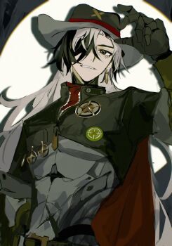1boy black_eyes black_hair black_hat black_shirt boothill_(honkai:_star_rail) cape co6_3g cowboy_hat cowboy_shot crosshair_pupils grin hair_over_one_eye hand_up hat highres honkai:_star_rail honkai_(series) joints long_hair looking_at_viewer male_focus multicolored_hair red_cape robot_joints shadow sheriff_badge shirt smile solo spotlight two-tone_hair upper_body very_long_hair white_hair