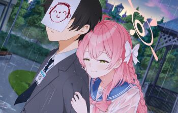 1boy 1girl ahoge black_hair black_necktie blue_archive blue_sailor_collar blurry blurry_background blush bow bowtie braid bright_pupils closed_mouth collared_shirt commentary_request day doodle_sensei_(blue_archive) dress_shirt dutch_angle formal_clothes from_side green_eyes grey_suit hair_bow half-closed_eyes halo hanako_(blue_archive) hetero highres holy-san_(makuu) hug hug_from_behind id_card long_hair necktie outdoors paper_on_head park parted_lips pink_bow pink_bowtie pink_hair pink_halo rain sailor_collar school_uniform sensei_(blue_archive) serafuku shirt short_hair sidelocks single_braid smile split_mouth story_in_commentary suit trinity_general_school_logo tsurime upper_body wet wet_clothes wet_hair wet_shirt white_bow white_pupils white_shirt