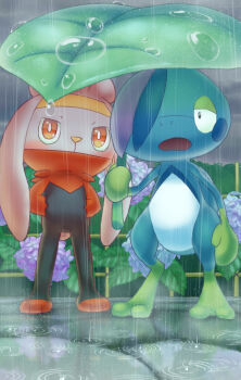 blush bright_pupils cloud cloudy_sky commentary_request drizzile gen_8_pokemon hands_in_pockets highres holding improvised_umbrella nintendo no_humans open_mouth orange_eyes outdoors pokemon pokemon_(creature) purobe raboot rain shared_improvised_umbrella sky standing toes water_drop white_pupils