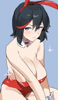 Rule 34 | 1girl, :|, absurdres, animal ear hairband, animal ears, black hair, blue background, blue eyes, bow, bowtie, breasts, cleavage, closed mouth, collar, collarbone, commentary, double-parted bangs, english commentary, fake animal ears, hair between eyes, hairband, highres, kill la kill, large breasts, leotard, light blush, looking at viewer, matoi ryuuko, multicolored hair, playboy bunny, rabbit ears, raised eyebrow, red bow, red bowtie, red hair, red hairband, red leotard, short hair, simple background, solo, sparkle, strapless, strapless leotard, streaked hair, sweatdrop, t-lex, upper body, white collar, white wrist cuffs, wrist cuffs