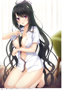 1girl :p absurdres ahoge areola_slip arm_under_breasts barefoot between_breasts black_hair blush bottomless breasts cellphone cleavage collarbone feet hair_ribbon hair_spread_out hand_up highres holding holding_phone hoshikawa_kaguya indoors kneeling knees_out_of_frame kobuichi large_breasts long_hair looking_at_viewer naked_shirt navel official_art open_clothes open_shirt partially_unbuttoned phone phone_between_breasts ponytail purple_ribbon red_eyes ribbon shirt sidelocks smartphone solo swept_bangs tenshi_souzou_re-boot! thighs third-party_source tiptoes toes tongue tongue_out very_long_hair wavy_hair white_shirt