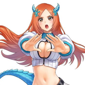 1girl bleach bleach:_sennen_kessen-hen breasts cleavage cleavage_cutout clothing_cutout detached_sleeves dragon_horns dragon_tail hair_ornament horns inoue_orihime large_breasts long_hair midriff orange_hair simple_background tagme tail yellow_eyes