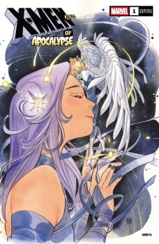 1girl absurdres angel_(x-men) aqua_skin blonde_hair blue_bodysuit bodysuit boots bridal_gauntlets character_request closed_eyes colored_skin comic_cover company_name copyright_logo copyright_name feathered_wings gloves highres leotard logo long_hair marvel medium_hair multicolored_bodysuit official_art peach_momoko profile psylocke purple_bridal_gauntlets purple_hair purple_leotard purple_nails size_difference smile sparkle upper_body white_bodysuit white_boots white_gloves white_wings wings x-men