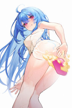 1girl annoyed arm_behind_back axe_ftga8758 azur_lane blue_hair blush breasts embarrassed from_behind from_below hair_between_eyes helena_(azur_lane) helena_(basking_in_the_cypress'_warmth)_(azur_lane) highres leaning_forward legs long_hair looking_at_viewer looking_back looking_down medium_breasts naked_towel pout purple_eyes soap solo standing thighs towel very_long_hair wet_towel