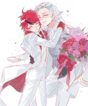 2boys absurdres ahoge aotsuki_eito ascot black_gloves black_hair bouquet bow buttons chi_bu92189 chinese_commentary closed_eyes coat commentary_request flower glasses gloves gold_trim grey_hair grey_vest grin hand_on_another's_shoulder hand_on_another's_waist heart highres holding holding_bouquet long_sleeves male_focus multicolored_hair multiple_boys necktie nose_pads official_alternate_costume pants pink_flower pink_rose purple_flower purple_rose red_bow red_flower red_hair red_necktie red_rose rimless_eyewear rose shirt short_hair simple_background smile streaked_hair sumino_takumi the_hundred_line_-last_defense_academy- two-tone_hair vest white_ascot white_background white_coat white_gloves white_pants white_shirt white_vest yaoi