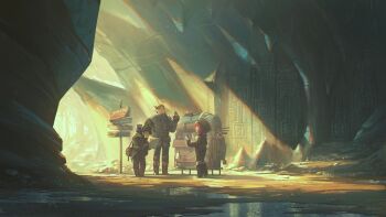 1girl 2boys absurdres bedroll blunt_bangs boots brown_hair carving cave commentary english_commentary faceless fantasy hat height_difference highres merchant multiple_boys original pointy_ears porforever potion puddle red_hair signpost sunlight sweatdrop vial