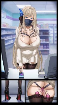 1girl ass bdsm black_collar black_shoes blonde_hair body_writing bondage_outfit breasts butt_crack buying_condoms cleavage collar convenience_store covered_erect_nipples covered_navel dress exhibitionism face_mask gag ghsbin hair_ornament harness high_heels large_breasts long_hair low-cut mask multiple_views no_bra no_panties o-ring o-ring_harness public_indecency pussy_juice sex_toy shoes shop skin_tight slave sweater sweater_dress tally thighhighs trembling vibrator vibrator_in_thighhighs vibrator_under_clothes zettai_ryouiki