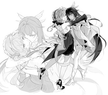 2girls absurdres arm_ribbon back bare_back bare_shoulders barefoot blunt_bangs bow bowtie choker closed_eyes closed_mouth colored_inner_hair columbina_(genshin_impact) covered_mouth dancing death detached_sleeves dress empty_eyes eye_mask feathered_wings floating_hair frilled_hairband frills from_behind full_body genshin_impact geunchin gradient_hair greyscale hair_bow hair_bun hair_ornament hairband hand_on_another's_back hand_up hashtag-only_commentary head_wings high_heels highres holding_hands hug key leg_ribbon long_hair long_sleeves looking_at_another looking_up mask monochrome multicolored_hair multiple_girls multiple_views multiple_wings off-shoulder_dress off_shoulder ribbon sandrone_(genshin_impact) shoes short_hair_with_long_locks sidelocks simple_background sleeveless sleeveless_dress standing standing_on_one_leg strapless strapless_dress teeth thigh_strap two-tone_hair upper_body very_long_hair wavy_hair wide_sleeves wings x_hair_ornament yuri