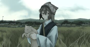 1girl animal beanie black_eyes black_hair black_sweater_vest cat collared_shirt earflap_beanie expressionless grey_hat hair_between_eyes hat highres holding holding_animal holding_cat landscape long_sleeves messy_hair mountainous_horizon original outdoors overcast pale_skin shirt sky solo sweater_vest white_shirt yoshiryuu