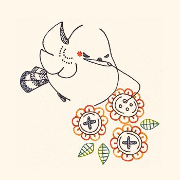 Rule 34 | animal focus, bird, buttons, commentary request, flower, highres, long-tailed tit, needle, no humans, original, sewing, sewing needle, tit (bird), touko (nagomino), traditional media