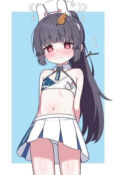1girl @_@ absurdres animal_ears arms_behind_back black_hair blue_archive blue_background blush border closed_mouth commentary fake_animal_ears flat_chest flying_sweatdrops grey_halo halo headgear highres leaf leaf_on_head long_hair looking_at_viewer millennium_cheerleader_outfit_(blue_archive) miniskirt miyu_(blue_archive) navel outside_border panties pantyshot pleated_skirt ponytail rabbit_ears red_eyes skirt solo underwear white_border white_panties white_skirt zing_(z_z_zing)
