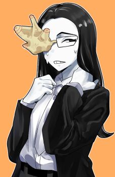 Rule 34 | 1girl, black-framed eyewear, black eyes, black hair, black jacket, black pants, collared shirt, coral, coral glasses, ena: dream bbq, ena (series), glasses, highres, jacket, knew nothing, long hair, long sleeves, necktie, one eye covered, orange background, pants, shirt, solo, sweat, teeth, white necktie, white shirt