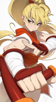 1girl bandaged_arm bandages blonde_hair breasts brown_eyes dougi fighting_stance final_fight final_fight_2 foreshortening genryuusai_maki hata4564 high_ponytail highres holding holding_weapon long_hair medium_breasts motoyui ponytail red_dougi simple_background solo tonfa vambraces very_long_hair weapon white_background