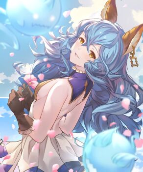 1girl animal_ears backless_dress backless_outfit bare_shoulders blue_hair blue_sky breasts brown_eyes brown_gloves cloud dress ferry_(granblue_fantasy) flower fugee_(granblue_fantasy) ghost gloves granblue_fantasy grin hair_between_eyes highres holding holding_flower long_hair looking_at_viewer nicola_(granblue_fantasy) petals pink_flower sky small_breasts smile wanderstillart wavy_hair