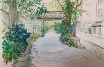 absurdres apartment bush chain-link_fence cobblestone day fence harusa1107 hashtag-only_commentary highres no_humans original painting_(medium) path plant road scenery shadow sidewalk sketch sunlight traditional_media tree unfinished window