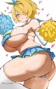 1girl absurdres ass blonde_hair blue_panties blue_skirt bow_hairband breasts closed_mouth commentary girls&#039;_frontline girls&#039;_frontline_2:_exilium green_hairband hair_over_one_eye hairband heart highres large_breasts looking_at_viewer mole mole_on_breast mole_under_eye nikketa_(girls&#039;_frontline_2) official_alternate_costume panties pleated_skirt pom_pom_(cheerleading) short_hair simple_background skirt smile solo sweat thighhighs underboob underwear vsk-94_(dance_like_the_blazing_sun)_(girls&#039;_frontline) vsk-94_(girls&#039;_frontline) white_background white_thighhighs yby914234