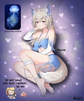 1girl :3 alternate_costume animal_ears anklet arm_support armpit_crease artist_self-insert barefoot bikini blonde_hair blue_bikini blue_nails chibi closed_mouth commentary dog_ears dog_girl dog_tail drawing_(action) elbow_gloves english_commentary english_text feet frilled_bikini frills full_body fuwawa_abyssgard gloves heart highres hololive hololive_english jellyfish jewelry looking_at_viewer lying midriff multicolored_hair on_side original photo_inset purple_background red_eyes signature solo streaked_hair swimsuit tail toenails toes virtual_youtuber yellyvi