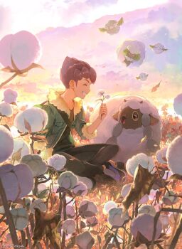 1boy bag black_pants black_shirt closed_eyes cloud commentary_request cottonee dark-skinned_male dark_skin day duffel_bag fur-trimmed_jacket fur_trim gen_5_pokemon gen_8_pokemon green_bag grin highres holding hop_(pokemon) jacket male_focus nintendo nrmya open_clothes open_jacket outdoors pants pokemon pokemon_(creature) pokemon_swsh purple_hair shirt shoes short_hair sitting sky smile teeth three-quarter_sleeves whimsicott wooloo