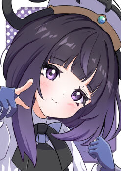 absurdres belt belt_buckle black_dress black_hair blush breasts buckle closed_mouth coat dress gloves gradient_hair gwynn_(pokemon) hashtag-only_commentary hat highres long_sleeves looking_at_viewer mega_stone multicolored_hair nintendo o-ring o-ring_belt open_clothes open_coat partially_fingerless_gloves pokemon pokemon_legends:_z-a purple_eyes purple_hair rono_(lethys) short_hair small_breasts smile white_coat