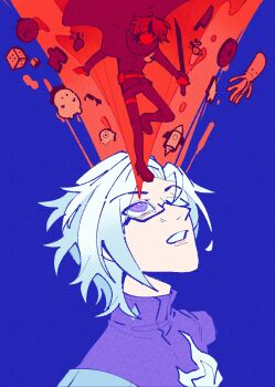 2boys ahoge aotsuki_eito blue_background clock darumarr_(hundred_line) dice full_body glasses highres holding holding_sword holding_weapon knife last_defense_academy_school_uniform limited_palette male_focus messy_hair multicolored_hair multiple_boys octopus open_mouth purple_eyes puzzle_piece rocket_ship simple_background sirei_(hundred_line) spacecraft sumino_takumi sunglasses sword teeth the_hundred_line_-last_defense_academy- upper_body weapon white_hair