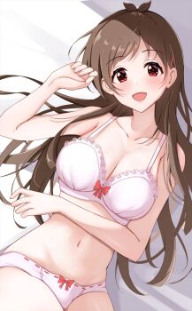Rule 34 | 1girl, antenna hair, bare shoulders, bed sheet, blush, bra, breasts, brown hair, cleavage, clenched hand, collarbone, dot nose, frilled bra, frills, from above, hair ornament, hairclip, hand up, highres, idolmaster, idolmaster cinderella girls, idolmaster cinderella girls starlight stage, long hair, looking at viewer, lying, medium breasts, midriff, namidako, navel, on back, on bed, open mouth, panties, pink bra, pink panties, red eyes, red ribbon, ribbon, ribbon-trimmed underwear, ribbon trim, shadow, smile, solo, tsujino akari, underwear