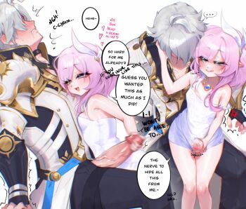 ... 1boy 1girl ahoge anger_vein bare_shoulders bird black_gloves black_pants blue_eyes coat commentary couple cyrene_(aedes_elysiae)_(honkai:_star_rail) cyrene_(honkai:_star_rail) dove english_commentary english_text erection fingerless_gloves gloves handjob heart hetero highres honkai:_star_rail honkai_(series) jewelry licking_lips medium_hair multicolored_hair necklace nyukopoyo pants penis phainon_(honkai:_star_rail) pink_hair pointy_ears short_hair simple_background speech_bubble spoken_ellipsis thigh_sex tongue tongue_out two-tone_hair white_background white_coat white_hair