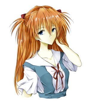 Rule 34 | 1girl, blue dress, blue eyes, closed mouth, cropped torso, dress, hair between eyes, hair flip, highres, interface headset (evangelion), long hair, looking at viewer, neck ribbon, neon genesis evangelion, orange hair, pinafore dress, red ribbon, ribbon, sailor collar, school uniform, shirt, short sleeves, simple background, sleeveless, sleeveless dress, solo, souryuu asuka langley, takanashi (takanya shi), tokyo-3 middle school uniform, two side up, white background, white sailor collar, white shirt