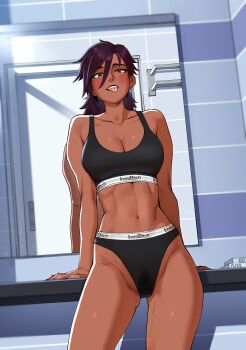 Rule 34 | 1girl, absurdres, ah-lyong lee, bathroom, black bra, black panties, bra, breasts, cleavage, commentary request, curvy, dark-skinned female, dark skin, dispatch, highleg, highleg panties, highres, invisigal (dispatch), korean commentary, large breasts, mirror, open mouth, panties, piercing, pussy juice, shiny skin, solo, sports bra, stained panties, teeth, thighs, thong, tongue, tongue out, tongue piercing, underwear, upper teeth only, wide hips