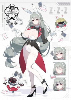 1girl alexandrina_sebastiane alternate_costume anastella_(zenless_zone_zero) animal_ear_hairband animal_ears bangboo_(zenless_zone_zero) black_bow black_bowtie black_jacket bow bowtie breasts clenched_teeth commentary drusilla_(zenless_zone_zero) fake_animal_ears floating_card framed_breasts gloves grey_hair hairband high_heels highres jacket large_breasts leotard leotard_under_clothes long_hair low-tied_long_hair matsumoto_tomoyohi pantyhose playboy_bunny rabbit_ear_hairband rabbit_ears rabbit_tail red_eyes sleeve_cuffs solo tail tailcoat_playboy_bunny teeth white_background white_gloves white_leotard white_pantyhose zenless_zone_zero