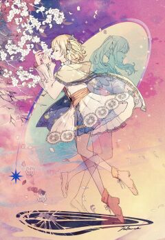 1girl 3kuma blonde_hair branch capelet closed_eyes dress falling_petals flower gradient_background gradient_hair hair_ribbon highres long_hair long_sleeves mary_janes miyamasuzaka_girls'_academy_school_uniform multicolored_hair neckerchief open_mouth petals pink_hair project_sekai ribbon sailor_collar school_uniform serafuku shirt shoelaces shoes sidelocks smile solo star_(symbol) star_print tenma_saki twintails